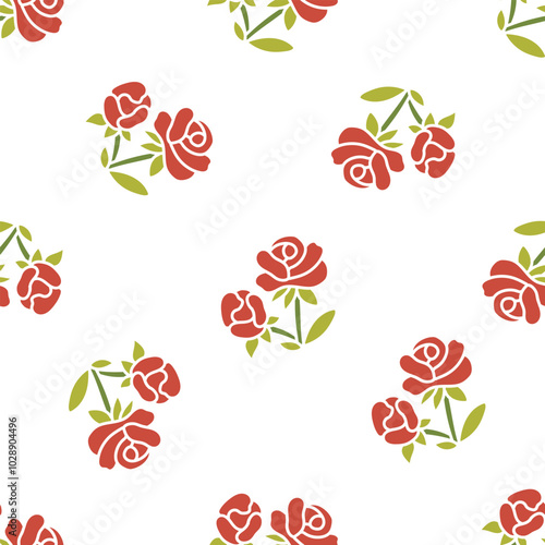 Wallpaper Mural Red rose vector cartoon seamless pattern on a white background. Torontodigital.ca