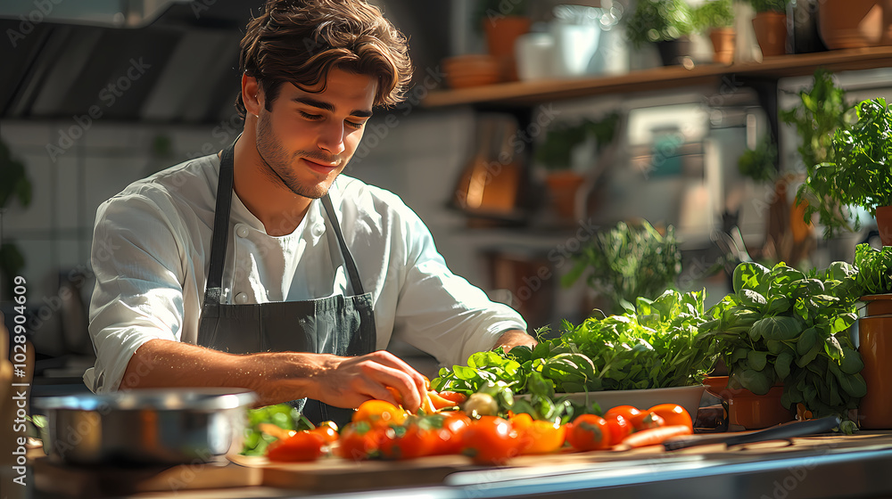 The cook prepares vegetables in the kitchen at home. A young man in an apron is cooking vegetable stew or salad with ingredients at the kitchen table The cook prepares vegetables in the kitchen at home. A young man in an apron is cooking vegetable stew or salad with ingredients at the kitchen table