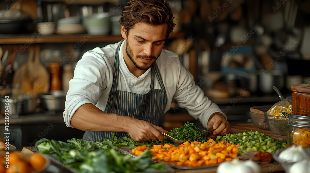 The cook prepares vegetables in the kitchen at home. A young man in an apron is cooking vegetable stew or salad with ingredients at the kitchen table The cook prepares vegetables in the kitchen at home. A young man in an apron is cooking vegetable stew or salad with ingredients at the kitchen table