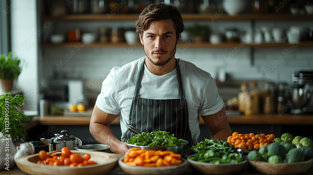 The cook prepares vegetables in the kitchen at home. A young man in an apron is cooking vegetable stew or salad with ingredients at the kitchen table The cook prepares vegetables in the kitchen at home. A young man in an apron is cooking vegetable stew or salad with ingredients at the kitchen table