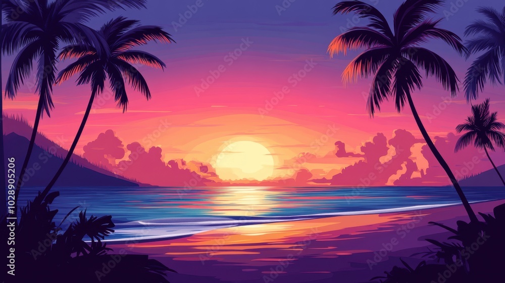 Warm tropical beach sunset with palm trees silhouetted against the vibrant sky, and gentle ocean waves lapping the shore Warm tropical beach sunset with palm trees silhouetted against the vibrant sky, and gentle ocean waves lapping the shore