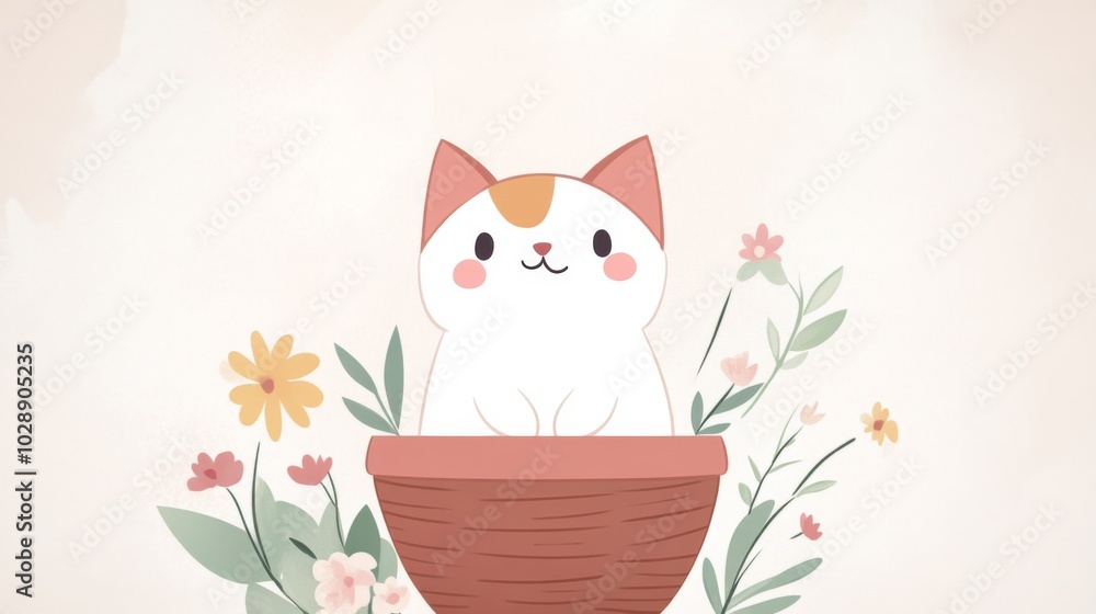 A cute cartoon cat sitting in a flower pot with pink and yellow flowers. A cute cartoon cat sitting in a flower pot with pink and yellow flowers.