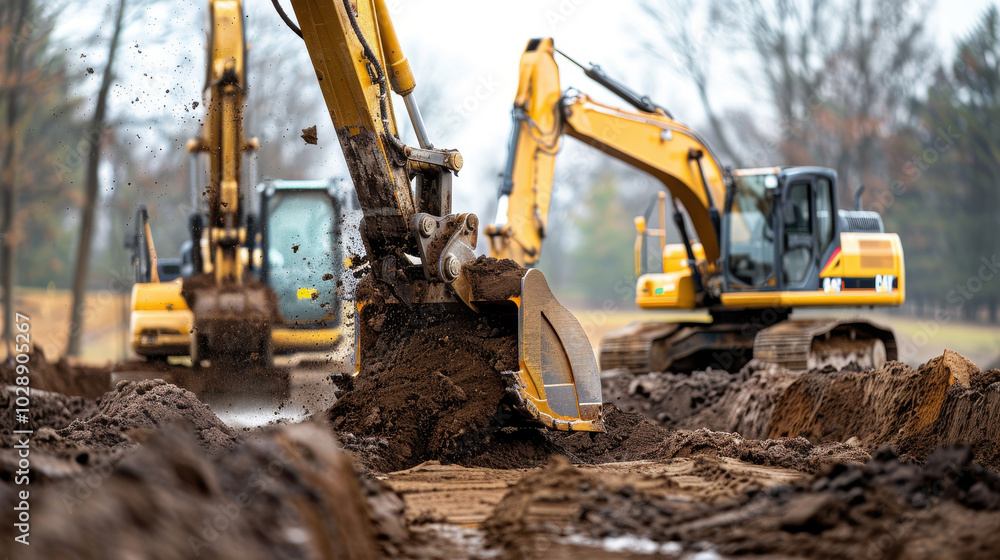 Closeup of excavators working on construction site, showcasing heavy machinery digging into earth. scene captures power and precision of excavation work Closeup of excavators working on construction site, showcasing heavy machinery digging into earth. scene captures power and precision of excavation work
