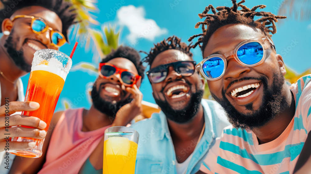 Joyful Black Friends Relaxing by Luxurious Poolside at Sunset Joyful Black Friends Relaxing by Luxurious Poolside at Sunset