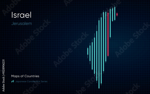 Israel map is shown in a chart with bars and lines. Japanese candlestick chart Series