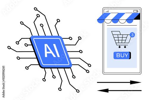 AI chip with circuit lines connected to a smartphone displaying a shopping cart and buy button. Ideal for e-commerce technology, innovation, artificial intelligence, online shopping, and digital