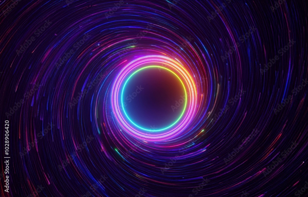 Swirling neon lights create a vibrant abstract vortex on a black background. Swirling neon lights create a vibrant abstract vortex on a black background.