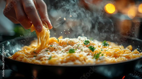 A close-up of chef influencers cooking spaghetti mix ingredients in a frying pan, adding seasoning and tasty sauce for a good flavor.