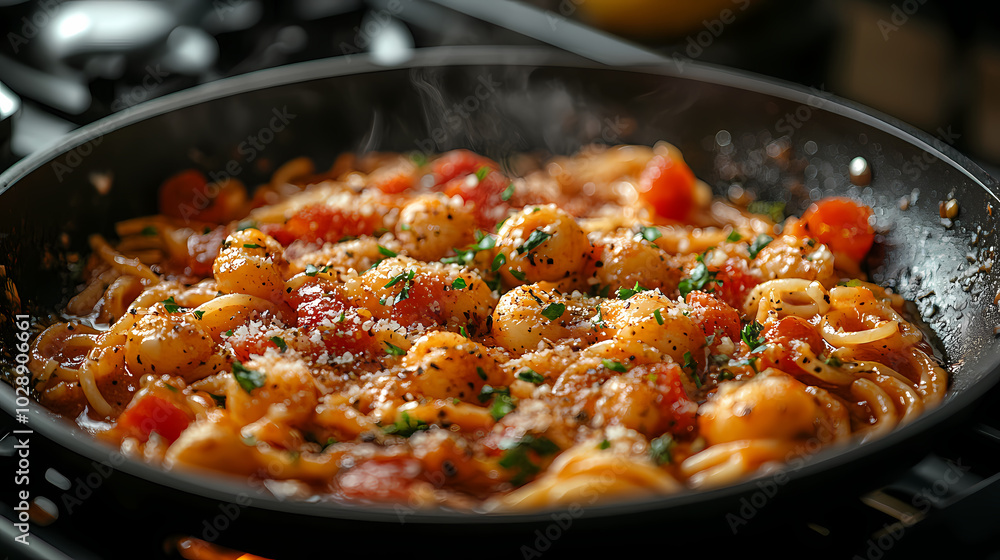 A close-up of chef influencers cooking spaghetti mix ingredients in a frying pan, adding seasoning and tasty sauce for a good flavor. A close-up of chef influencers cooking spaghetti mix ingredients in a frying pan, adding seasoning and tasty sauce for a good flavor.