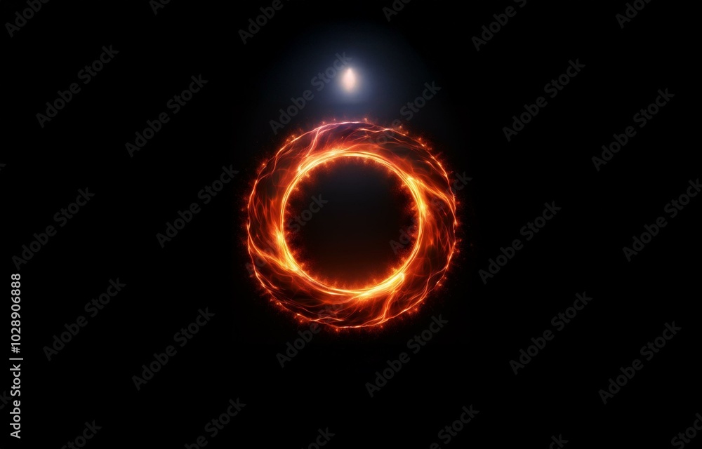 A glowing ring of fire in a dark background with a bright light above it. A glowing ring of fire in a dark background with a bright light above it.