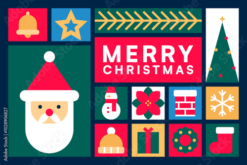 Merry Christmas Icon with Santa Claus, Tree, Gifts, and Festive Symbols