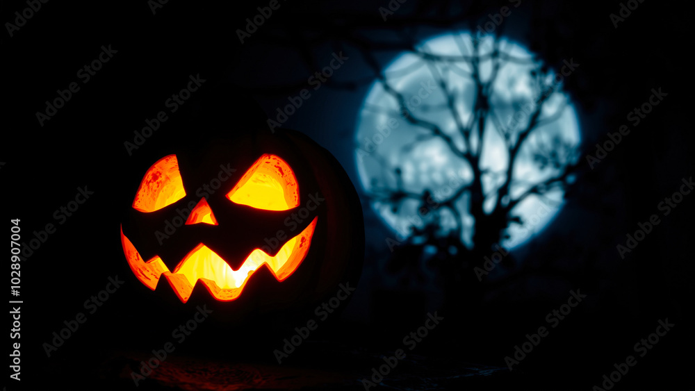 Fototapeta premium glowing jack-o'-lantern under a pale moon