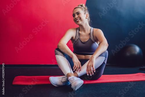 Positive hipster girl dressed in stylish tracksuit smiling while taking rest on red carpet for pilates training, happy female athlete enjoying time for crossfit in sport hall feeling carefree