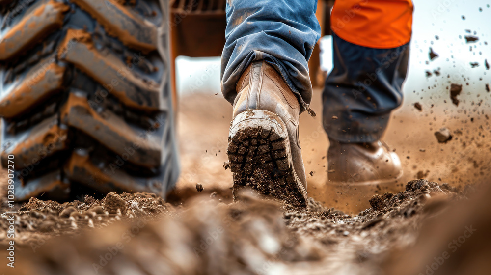 Close up of heavy machinery and workers boots on muddy ground, showcasing rugged environment of construction. image captures essence of hard work and determination Close up of heavy machinery and workers boots on muddy ground, showcasing rugged environment of construction. image captures essence of hard work and determination