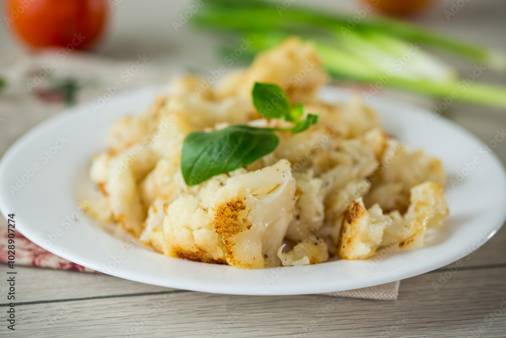 Diet boiled cauliflower fried in oil with spices Diet boiled cauliflower fried in oil with spices