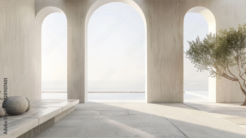 Fototapeta premium Contemporary Zen Architecture Featuring Arches and Minimalist Design Overlooking a Serene Landscape