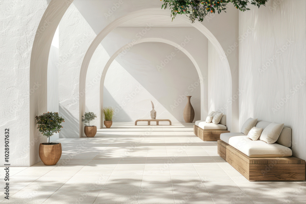 Fototapeta premium Contemporary Zen Outdoor Architecture Featuring Minimalist Seating and Serene Plant Arrangements