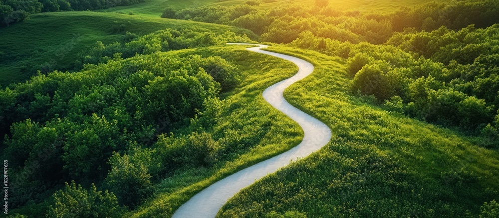 Winding road through a lush green valley with sun shining down. Winding road through a lush green valley with sun shining down.