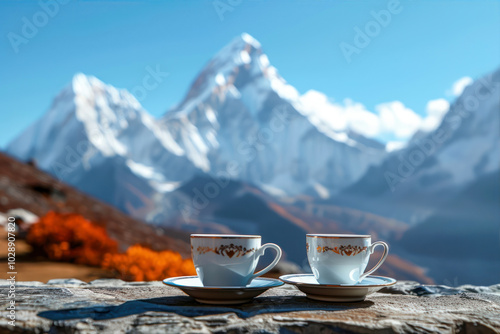 Enjoying Breakfast With Coffee While Admiring Majestic Mountains Under a Clear Blue Sky