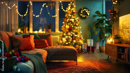 christmas home decor, a festive christmas living room with evening lights