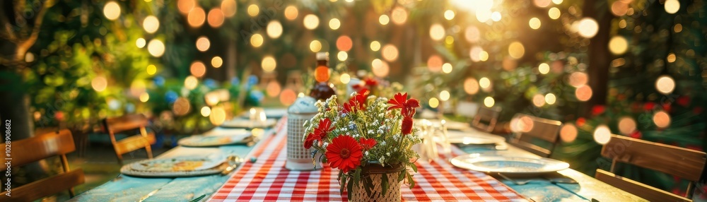 Charming outdoor dining experience with flowers and warm lighting Charming outdoor dining experience with flowers and warm lighting