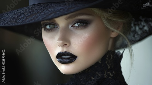 Elegant woman in gothic attire with roses on hat 