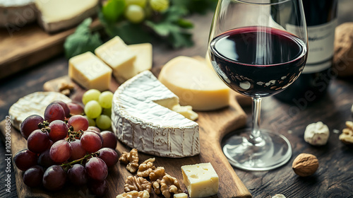 Close-up of wine and cheese pairing on a rustic board