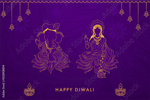 Illustration of Goddess Lakshmi and Lord Ganesha on Happy Diwali Holiday Background for light festival of India