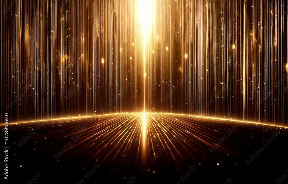 Golden glowing lines create a bright spotlight in the middle of a dark backdrop. Golden glowing lines create a bright spotlight in the middle of a dark backdrop.