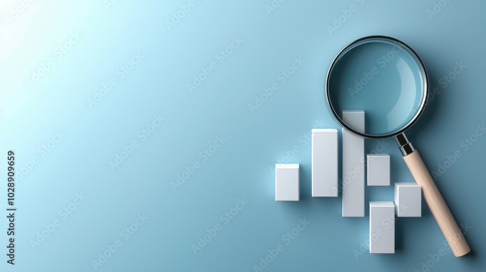 Magnifying glass over 3D bar graph on blue background Magnifying glass over 3D bar graph on blue background