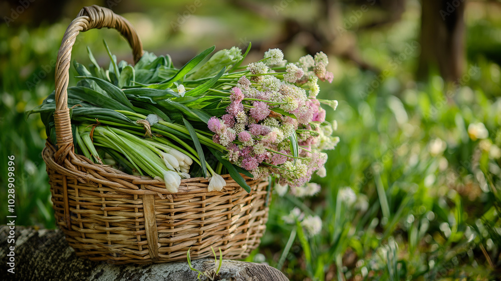 Fototapeta premium Wicker basket filled with blooming flowers set in a lush garden.