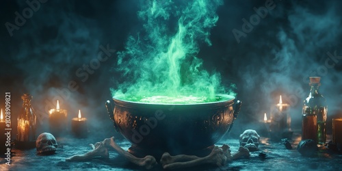 Halloween vibe, a witch cauldron surrounded by Halloween props in a dark, foggy setting