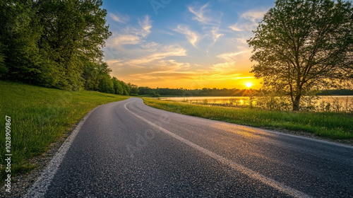 Lake and road at sunset