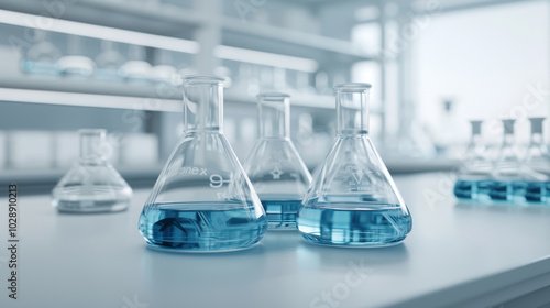 science experiment in progress with laboratory glassware filled with blue liquid, showcasing various flask shapes and sizes in bright, modern lab environment