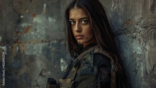 Young Woman With Dark Hair in Military Attire Stands Against a Weathered Wall in an Urban Setting