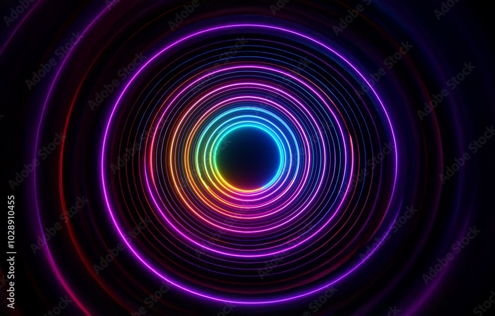 Concentric circles of neon light glow in the dark, forming a colorful abstract pattern. Concentric circles of neon light glow in the dark, forming a colorful abstract pattern.