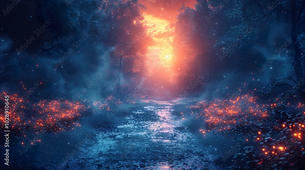 Enchanted Forest Path: A Dreamlike Landscape with a Stream and Glowing Lights Enchanted Forest Path: A Dreamlike Landscape with a Stream and Glowing Lights