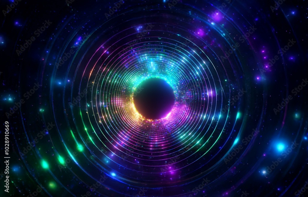 Obraz premium A dark background with multiple concentric glowing rings of rainbow colors, glowing and illuminating the empty center.