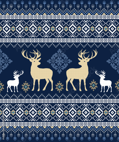 Pixel ethnic seamless pattern. Cross stitch embroidery pattern. Christmas abstract background, Design for fabric, curtain, carpet ,scarf, rug. pixel textile fabric illustration vector. 