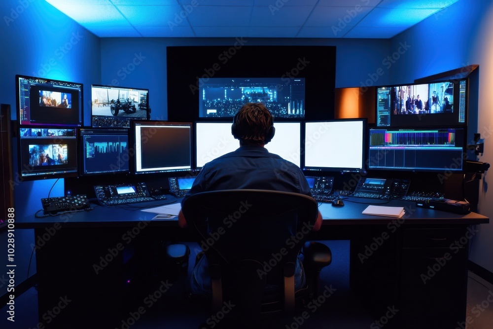 Film Editor Working at Multi-Screen Workstation in Editing Studio Film Editor Working at Multi-Screen Workstation in Editing Studio