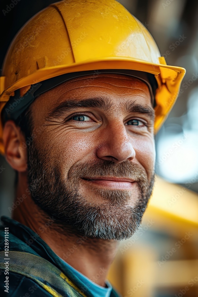 Portrait of a Confident Construction Worker Wearing a Yellow Hard Hat at a Building Site with a Friendly Smile Portrait of a Confident Construction Worker Wearing a Yellow Hard Hat at a Building Site with a Friendly Smile