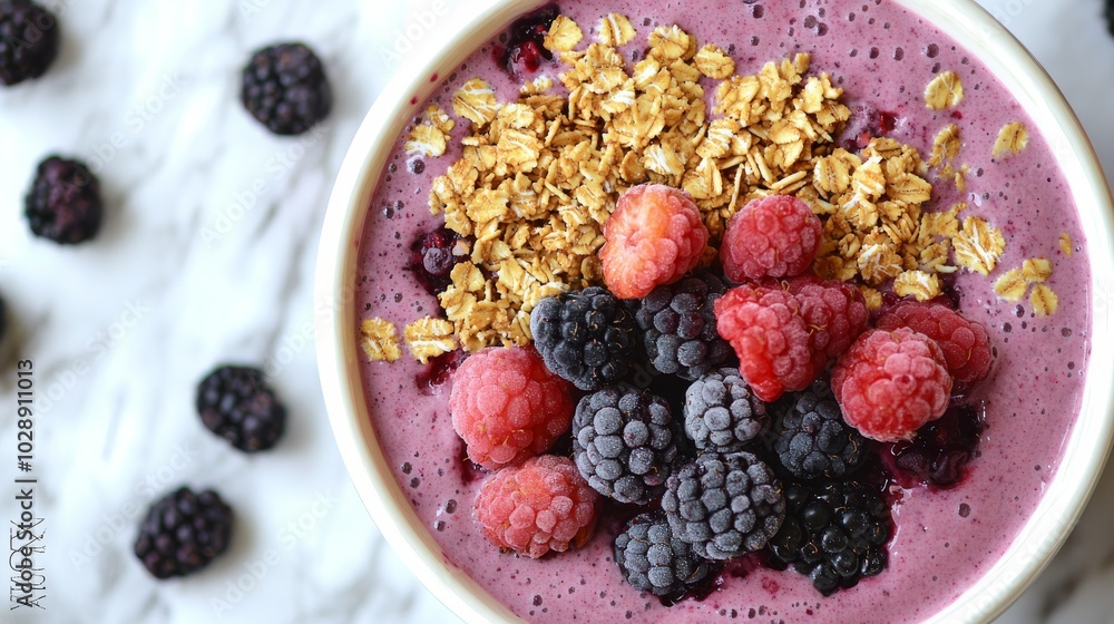 Berry Smoothie Bowl with Oats and Fresh Berries on Marble Surface Berry Smoothie Bowl with Oats and Fresh Berries on Marble Surface