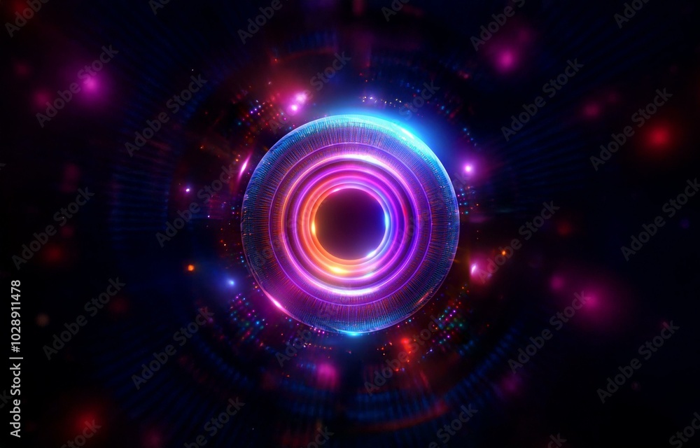 A bright circular ring with glowing neon lines surrounded by scattered bokeh in a dark background. A bright circular ring with glowing neon lines surrounded by scattered bokeh in a dark background.