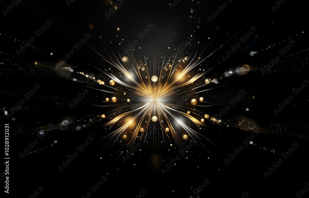 Fototapeta premium Golden orbs and glowing lines radiate from the center on a black background.
