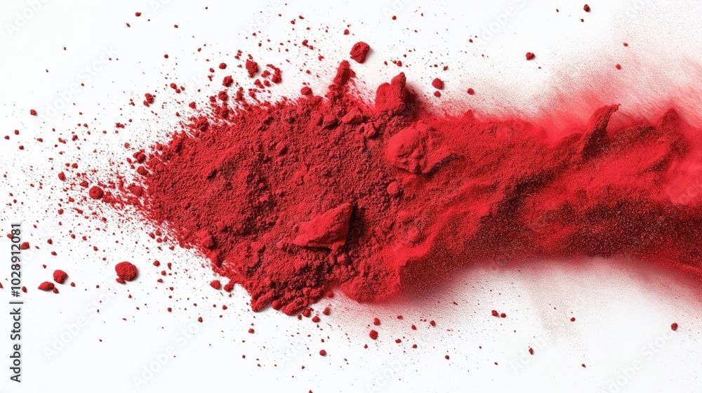 Dynamic splash of vibrant red powder scattered across a plain white background, creating an abstract and energetic visual effect with varying particle sizes and textures. Dynamic splash of vibrant red powder scattered across a plain white background, creating an abstract and energetic visual effect with varying particle sizes and textures.