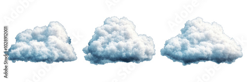 Three realistic white clouds isolated transparent background