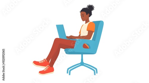 A person sitting on a blue chair with a laptop in their lap, a simple flat vector illustration, on a white background, in a minimalistic style