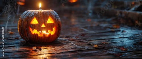 Halloween product photography, a spooky carved pumpkin with a flickering candle on wooden surface, eerie shadows in background