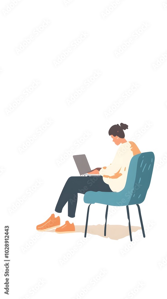 A person sitting on a blue chair with a laptop in their lap, a simple flat vector illustration, on a white background, in a minimalistic style A person sitting on a blue chair with a laptop in their lap, a simple flat vector illustration, on a white background, in a minimalistic style