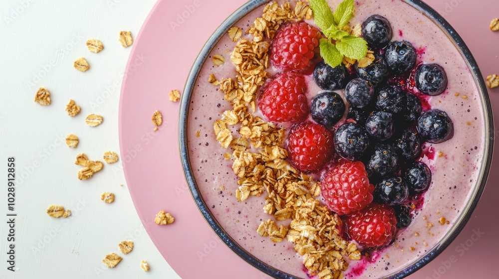 Fresh Berry Smoothie Bowl with Granola on Pink Plate for a Healthy Breakfast Fresh Berry Smoothie Bowl with Granola on Pink Plate for a Healthy Breakfast